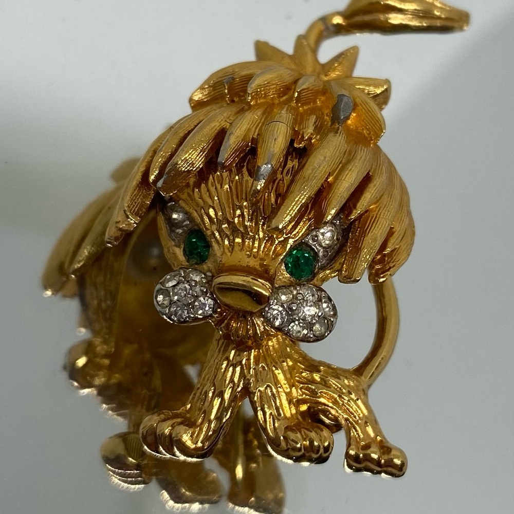 Gold Lion Brooch with Green and Silver Accents